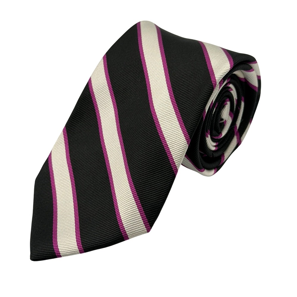 IZOD 100% Repp Silk Necktie Mens Black White Pink Diagonal Stripe 59" x 3.5"